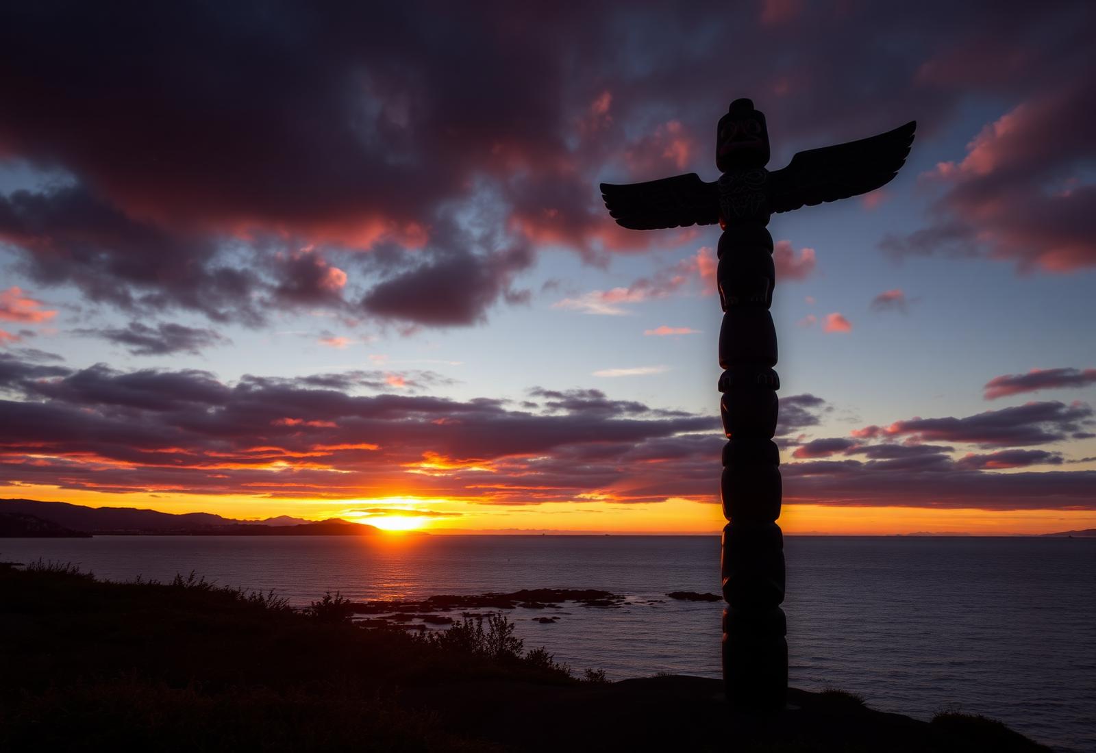 Indigenous totem pole at sunset
